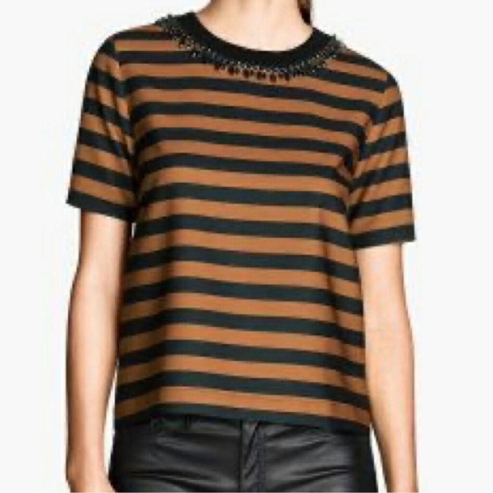 H&M rust Brown and Black horizontal Striped Blouse embellished neckline sz 14/XL